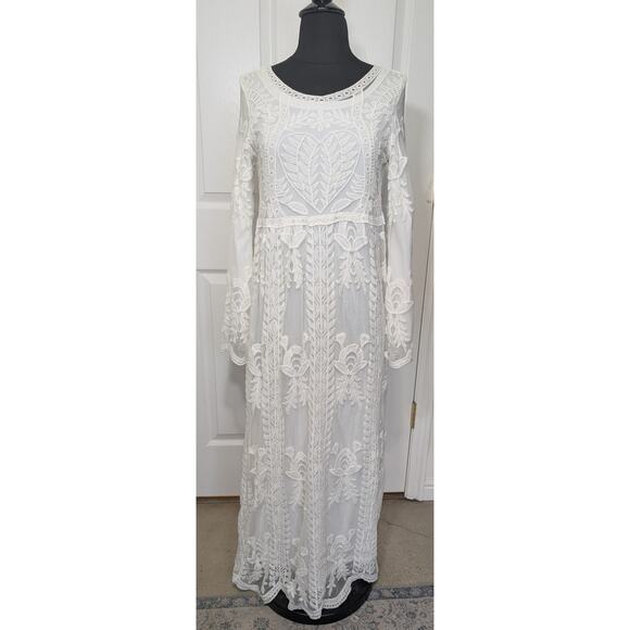 White Lace Maxi Dress S Boho Romantic Bridal Overlay Cottage Temple Orange Creek - Picture 2 of 14